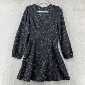 Uniqlo Dress M Black Polka Dots Babydoll V-Neck Ballon Sleeve Knee Length Pocket